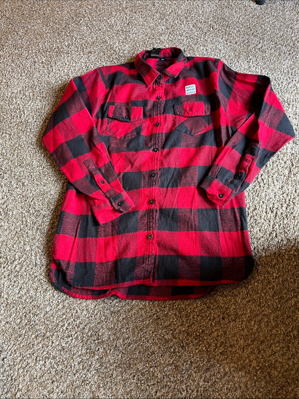Red & Black Buffalo Plaid Flannel Shirt w/ Nurses Inspire Nurses logo small
